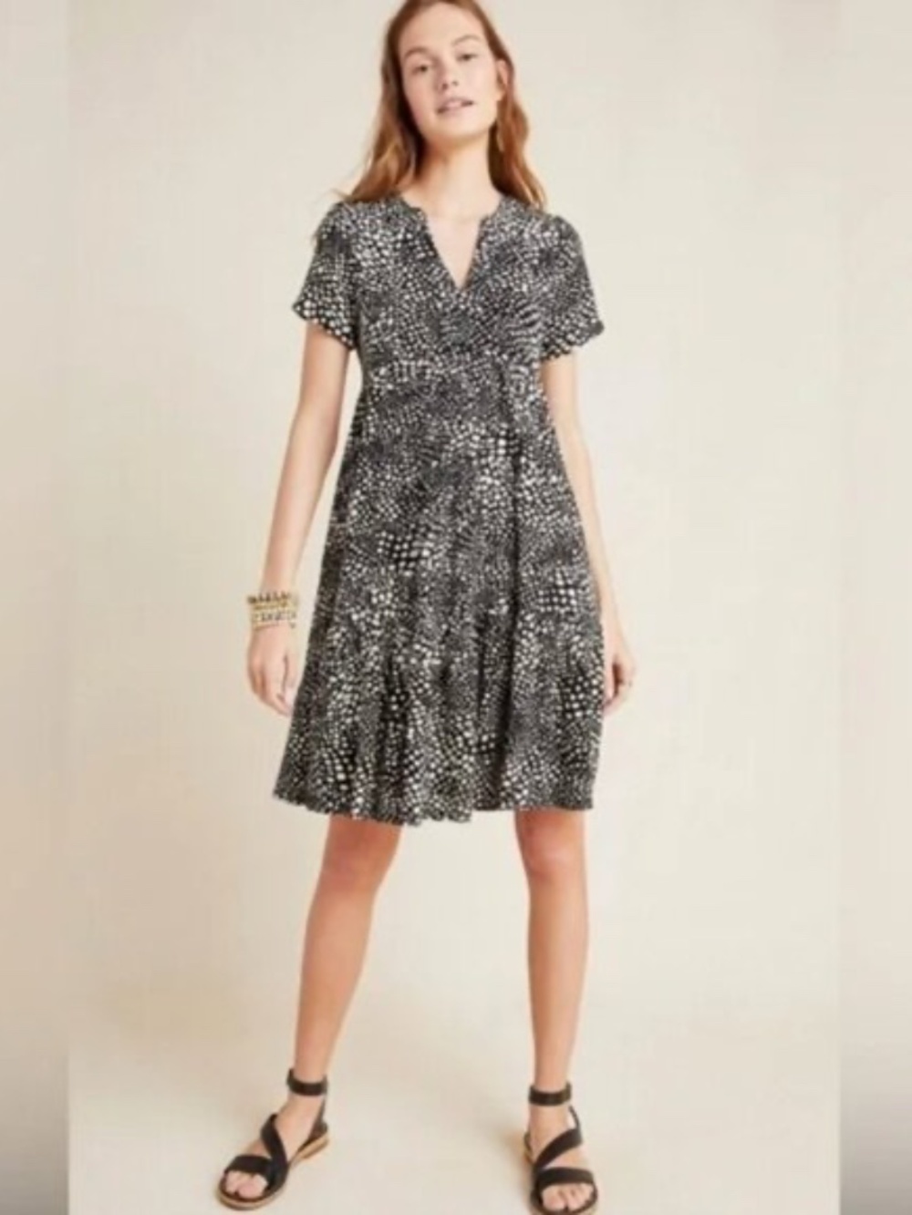 Maeve V-neck Black & White Tiered Babydoll Dress